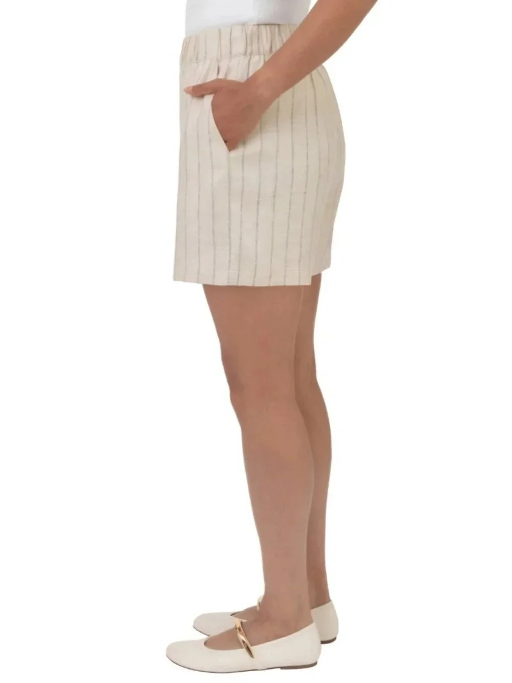NWOT Blanknyc Women's S Linen-Blend Striped Beige Shorts Elastic Waist B0666